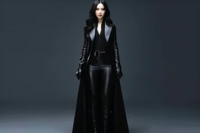 Elegant Woman In Black Leather Trench Coat