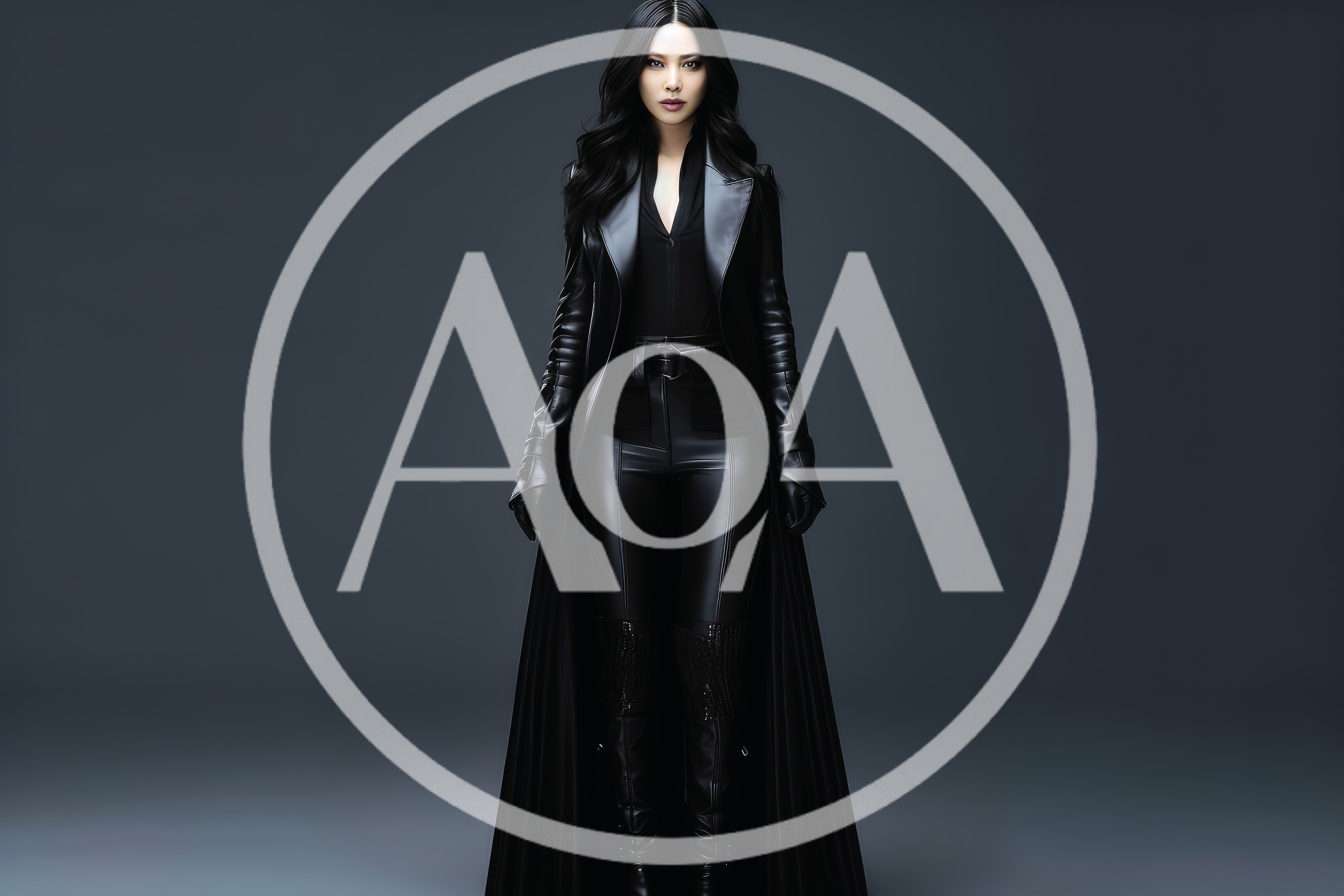 Elegant Woman In Black Leather Trench Coat