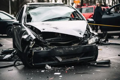 Damaged Silver Car After A Severe Traffic Accident