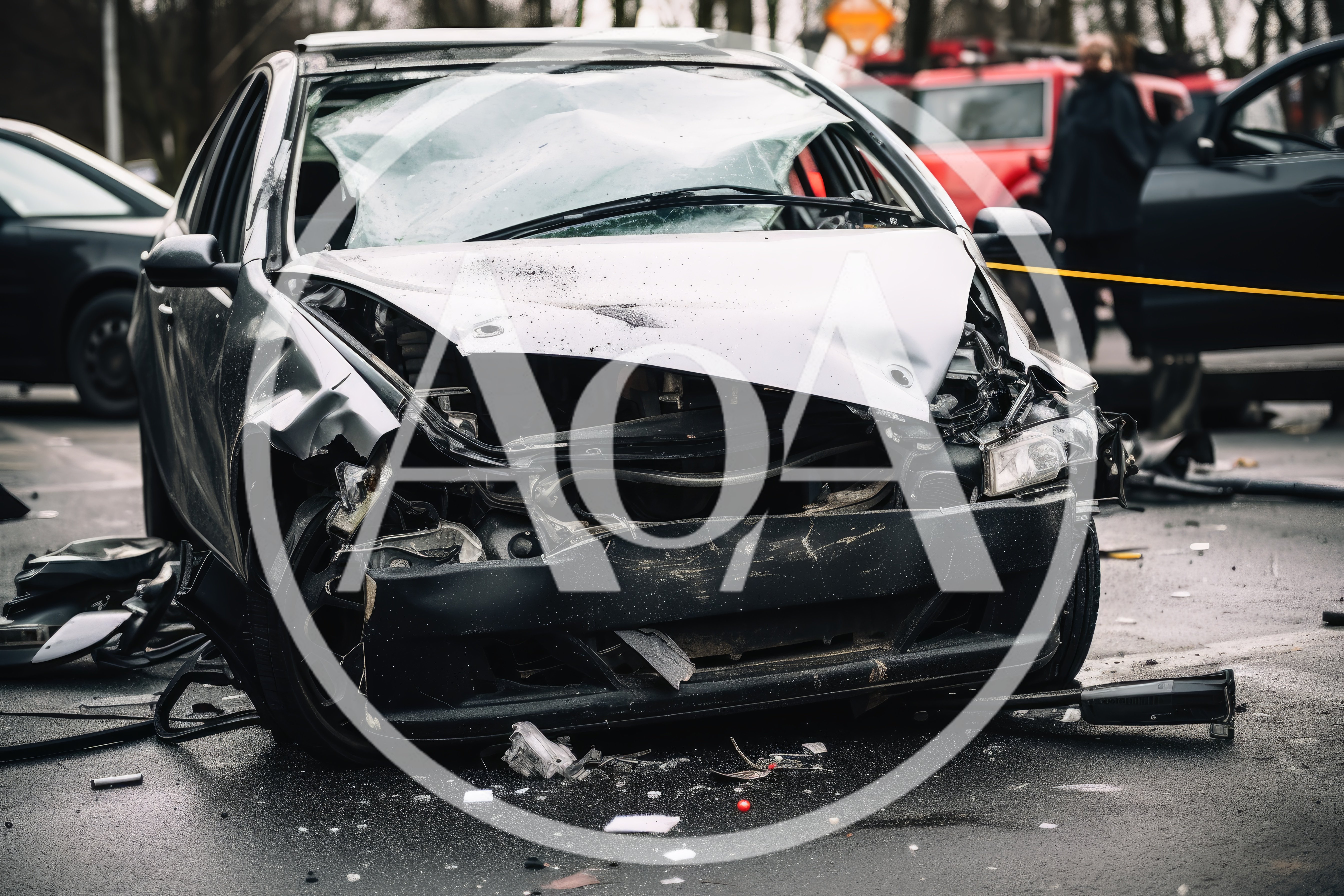 Damaged Silver Car After A Severe Traffic Accident