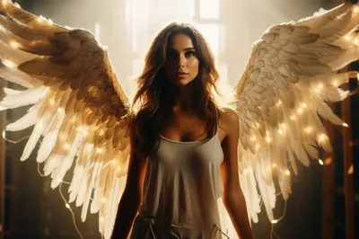 Young Woman With Angel Wings And Fairy Lights