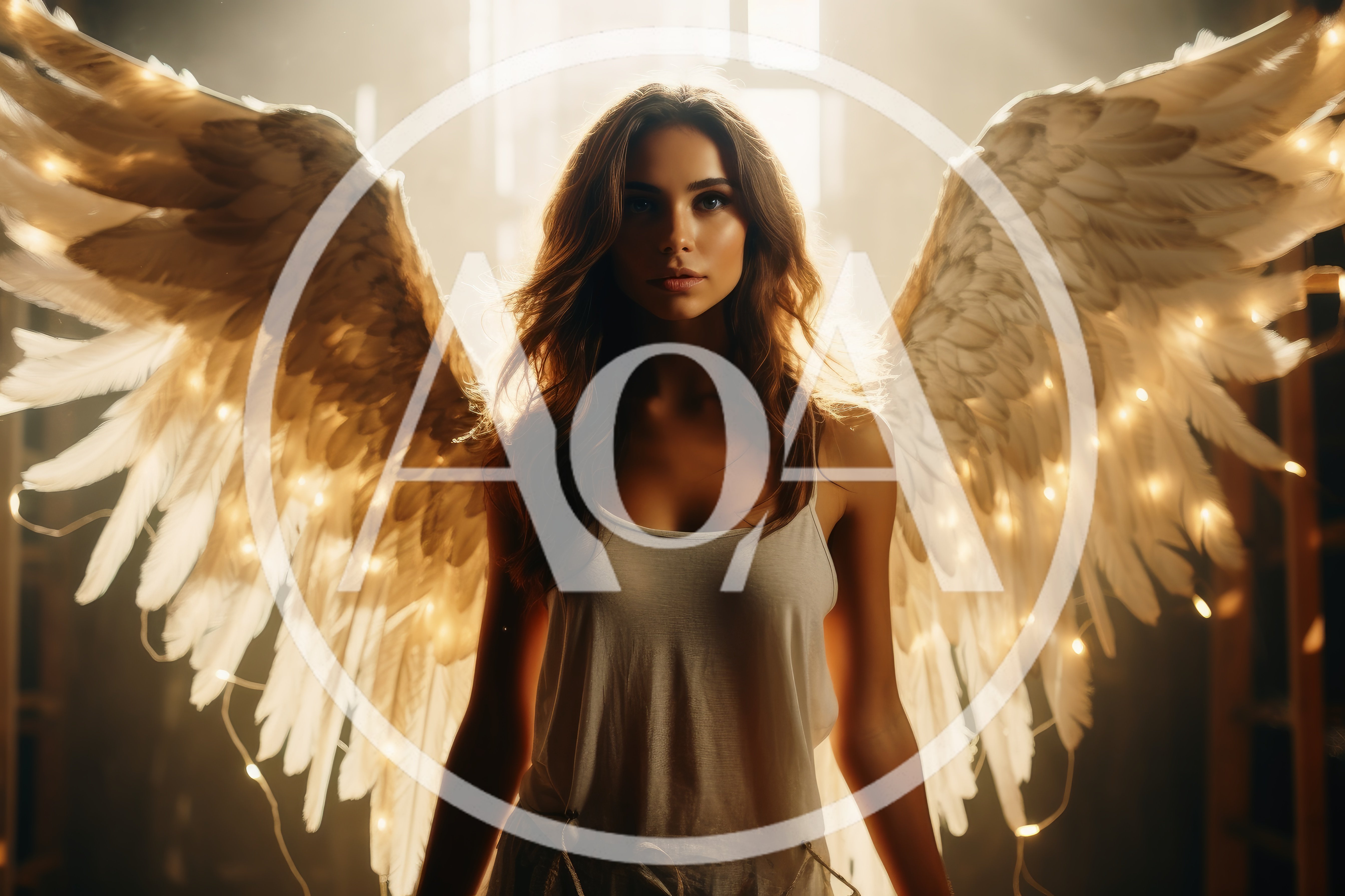 Young Woman With Angel Wings And Fairy Lights