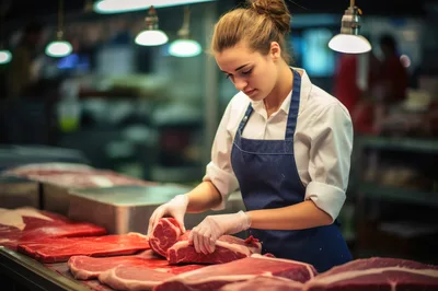 Butcher Preparing Fresh Raw Meat Cuts