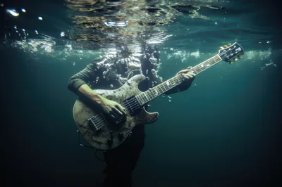 Musician Playing Electric Guitar Underwater