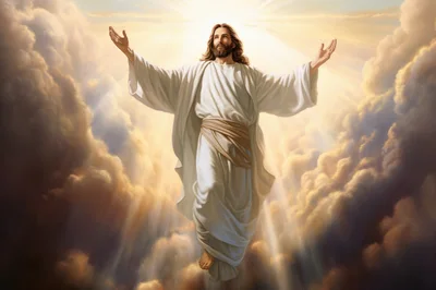 Jesus Christ Ascending Into Heaven With Open Arms