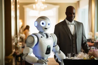 Humanoid Robot Serving A Man In A Formal Suit