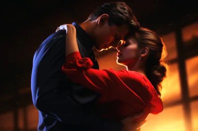 Romantic Couple Embracing In Warm Sunset Lighting