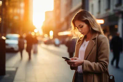 Young Woman Using Smartphone On Busy City Street