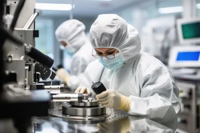 Technicians Working In A Cleanroom Laboratory