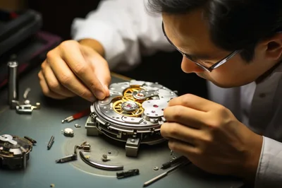 Professional Watchmaker Repairing A Mechanical Watch Movement