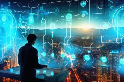 Futuristic City Planner Interacting With Digital Holographic Interface