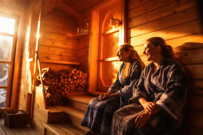 Two Women Relaxing In A Wooden Sauna