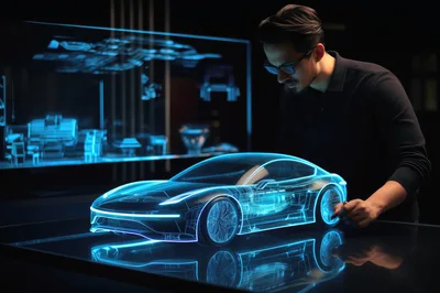 Automotive Designer Working With Holographic Car Model