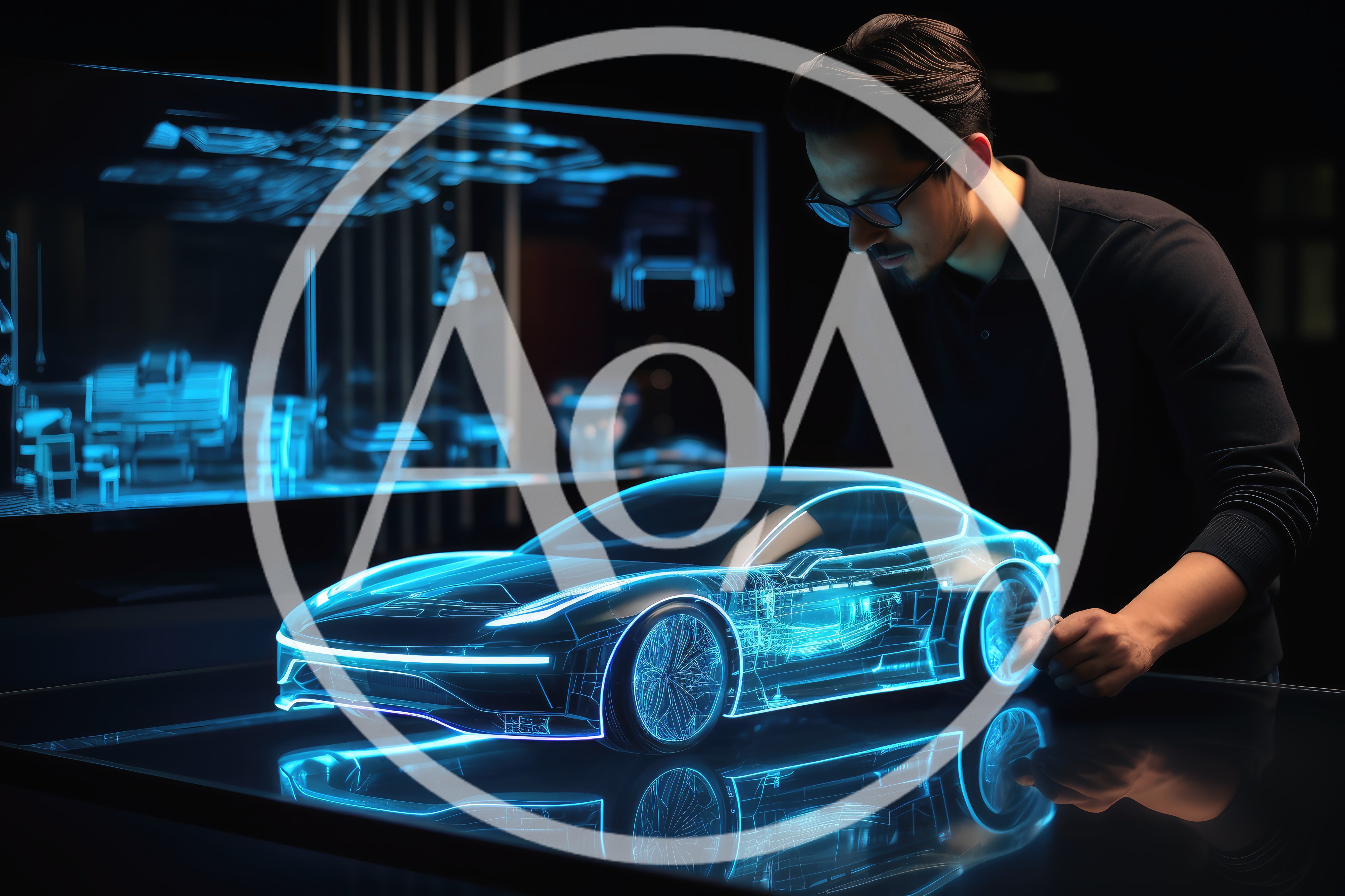 Automotive Designer Working With Holographic Car Model