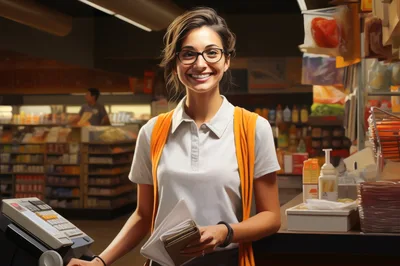 Friendly Female Cashier Working At A Grocery Store
