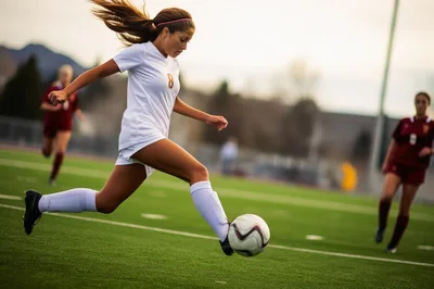 Female Soccer Player Dribbling Ball on Field