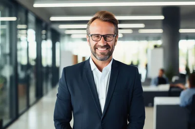 Professional Businessman Smiling In Modern Office Setting