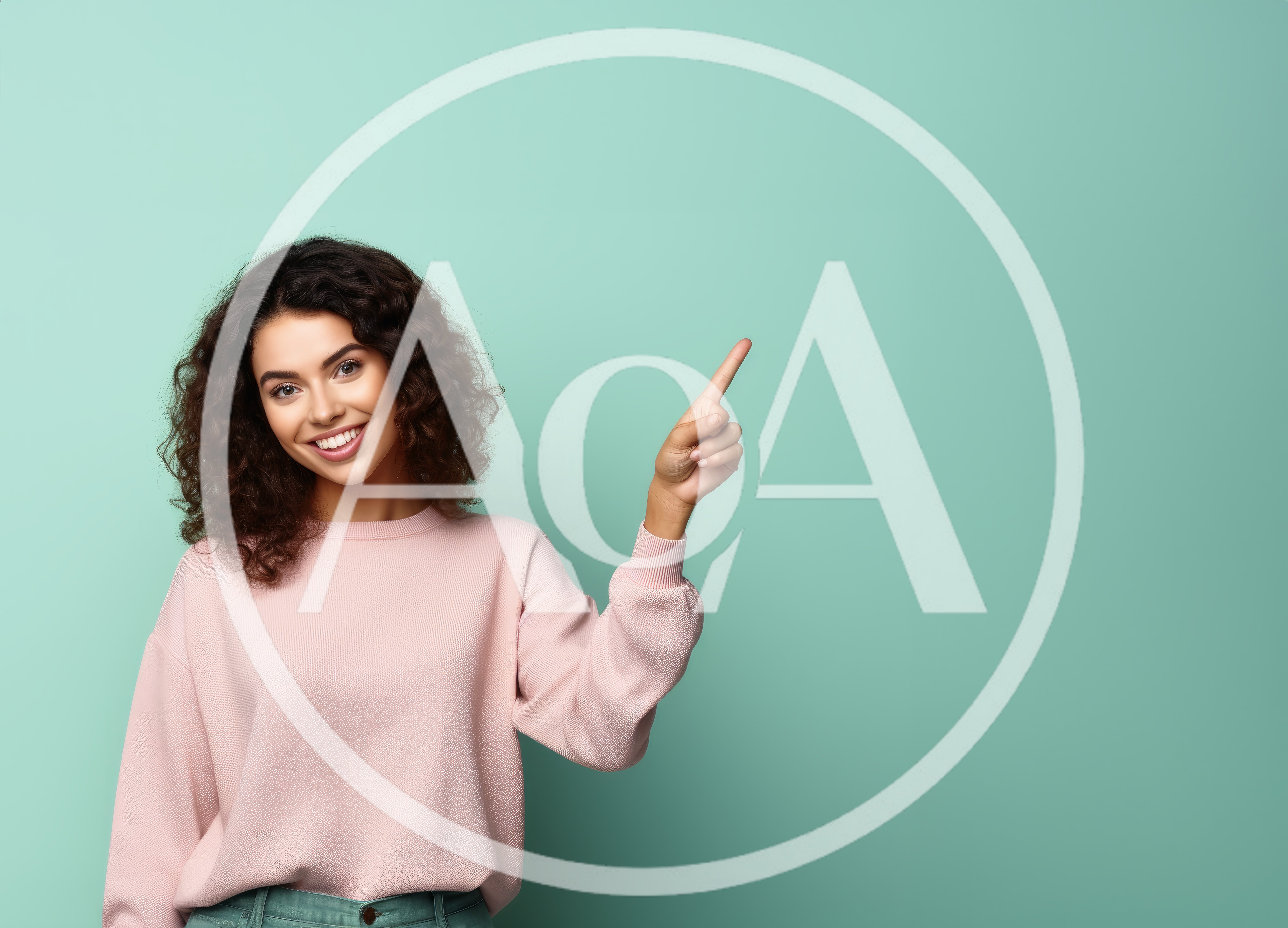 Smiling Young Woman Pointing Upwards Against Teal Background
