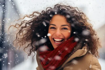Happy Young Woman Laughing During Winter Snowfall