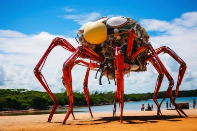 Giant Mechanical Spider Sculpture On A Sandy Beach