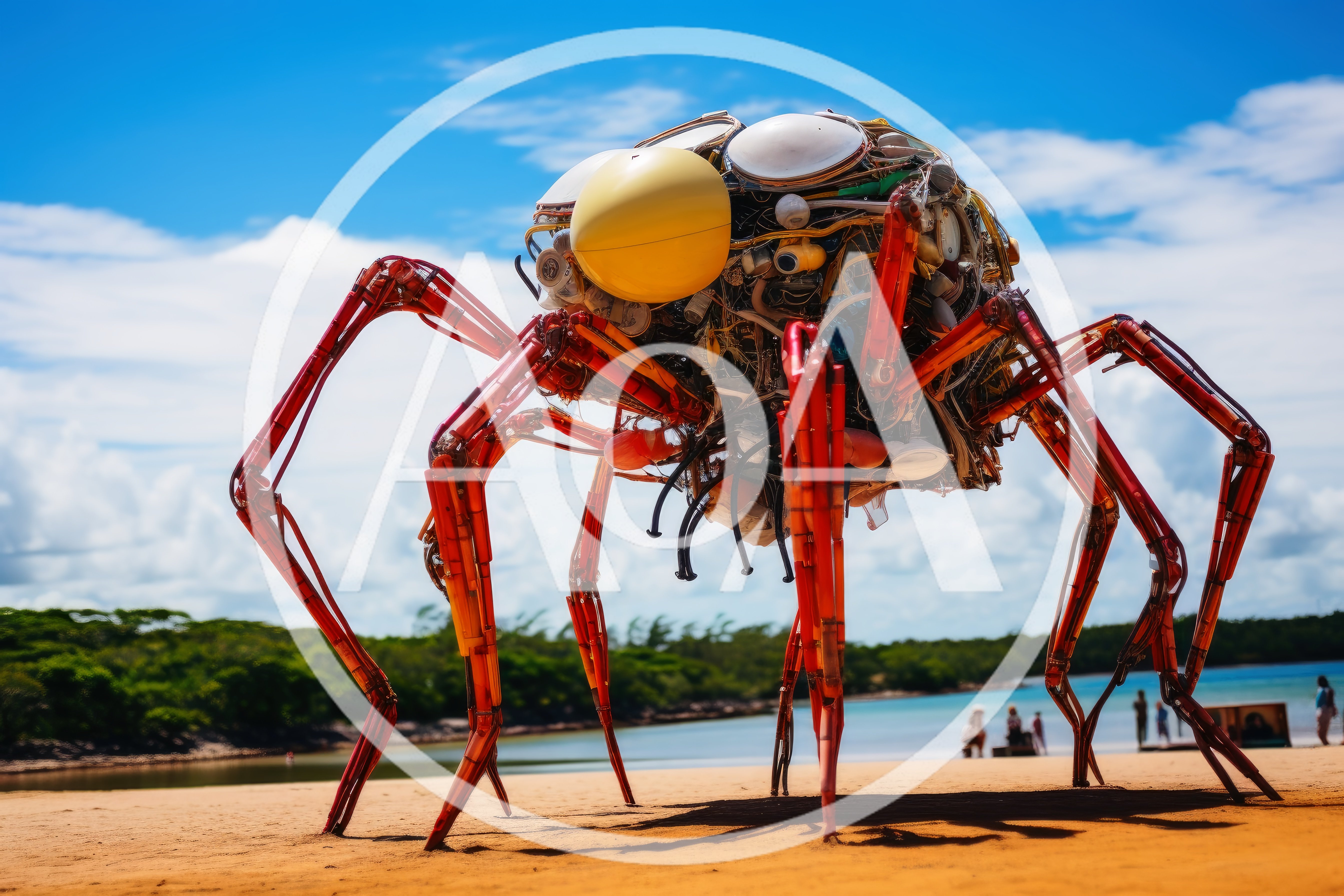 Giant Mechanical Spider Sculpture On A Sandy Beach