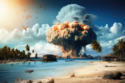 Apocalyptic Nuclear Explosion Over Tropical Island Beach