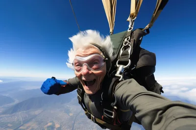 Elderly Woman Skydiving With Joyful Expression