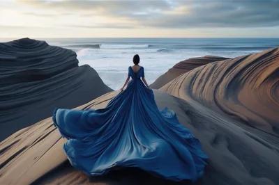 Woman In Blue Gown Standing On Sand Dunes