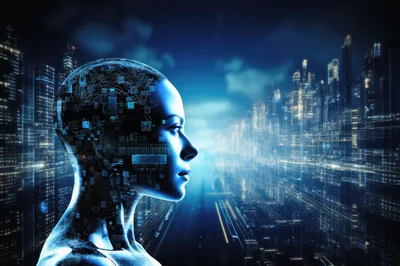 Futuristic AI Humanoid Profile Overlooking Digital Cityscape