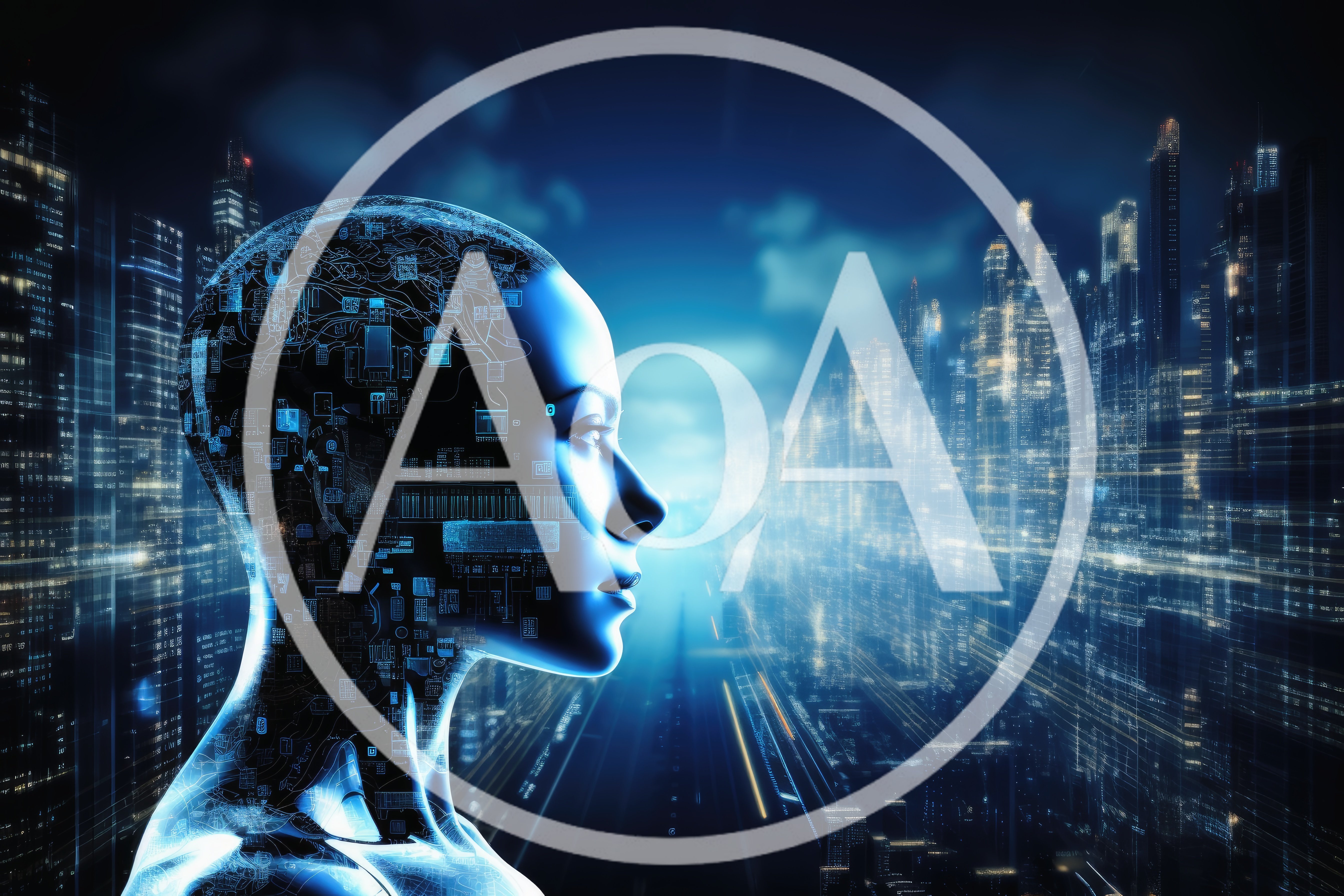 Futuristic AI Humanoid Profile Overlooking Digital Cityscape