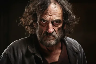 Portrait Of A Gritty Homeless Man With Intense Gaze