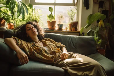 Young Woman Relaxing On A Sofa In A Sunlit Room