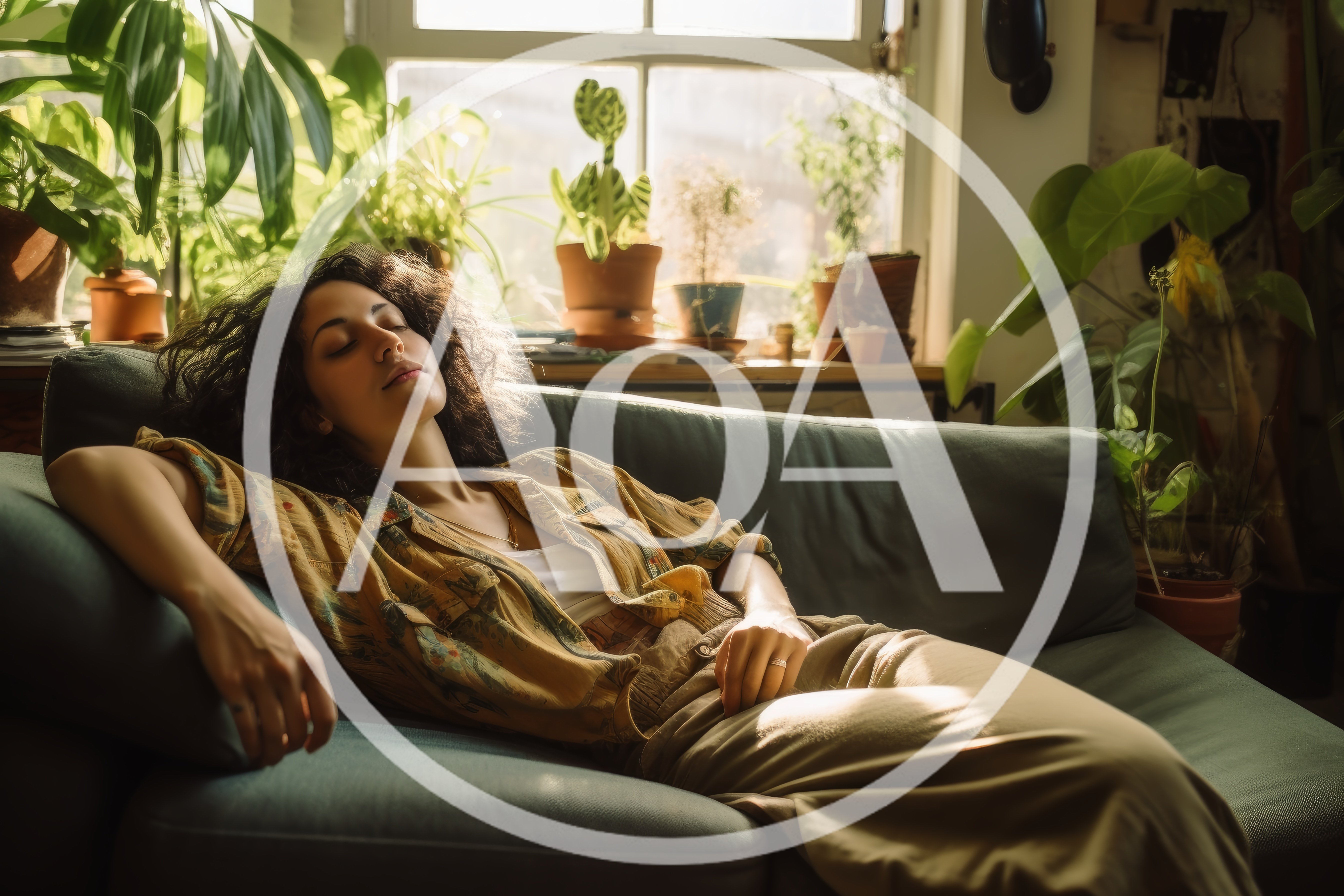 Young Woman Relaxing On A Sofa In A Sunlit Room