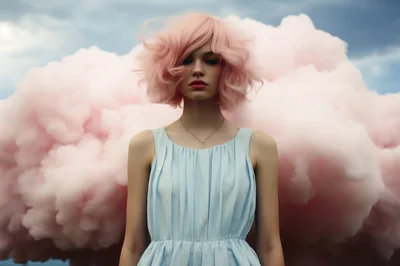 Young Woman With Pink Hair Standing Before Pink Clouds