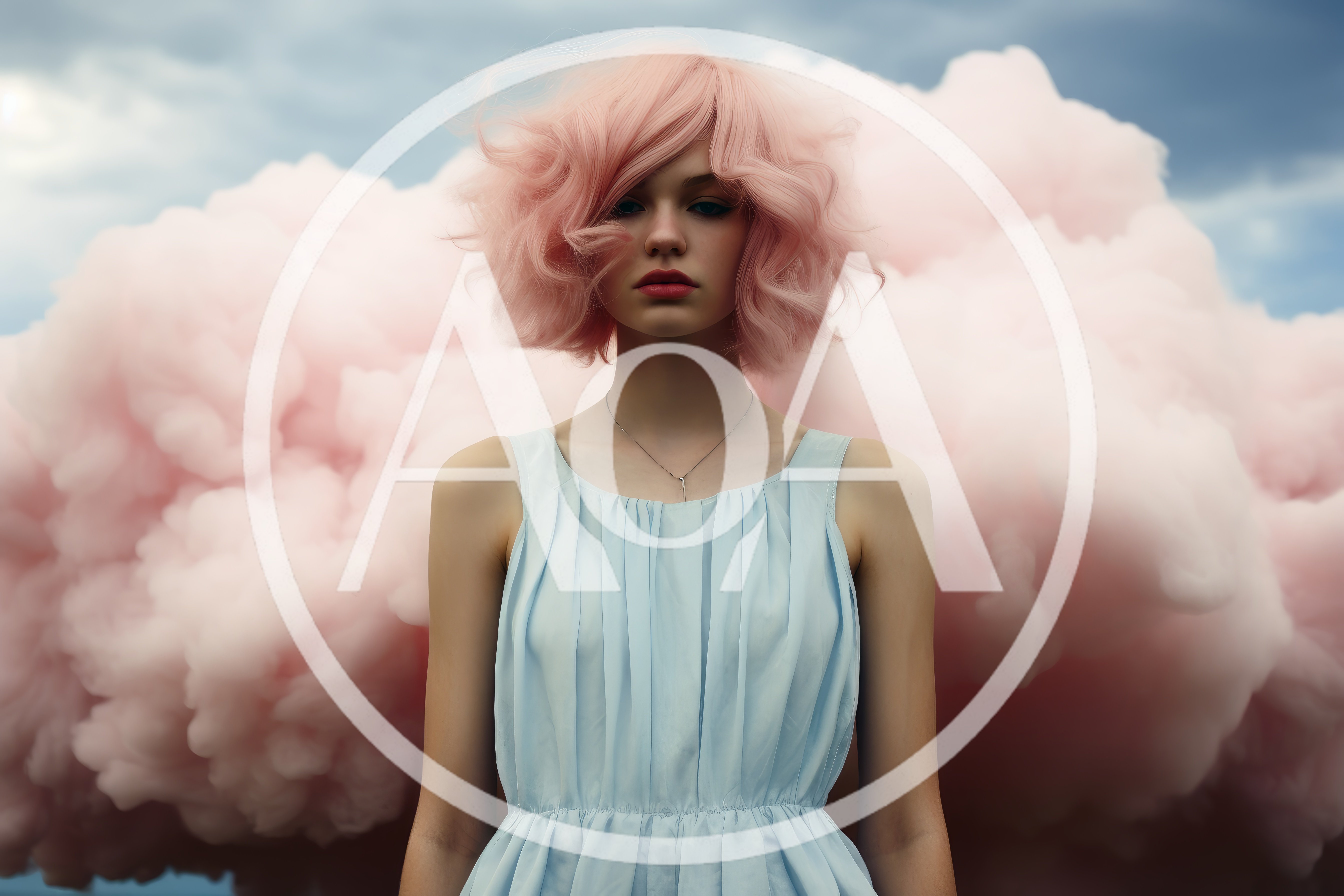 Young Woman With Pink Hair Standing Before Pink Clouds