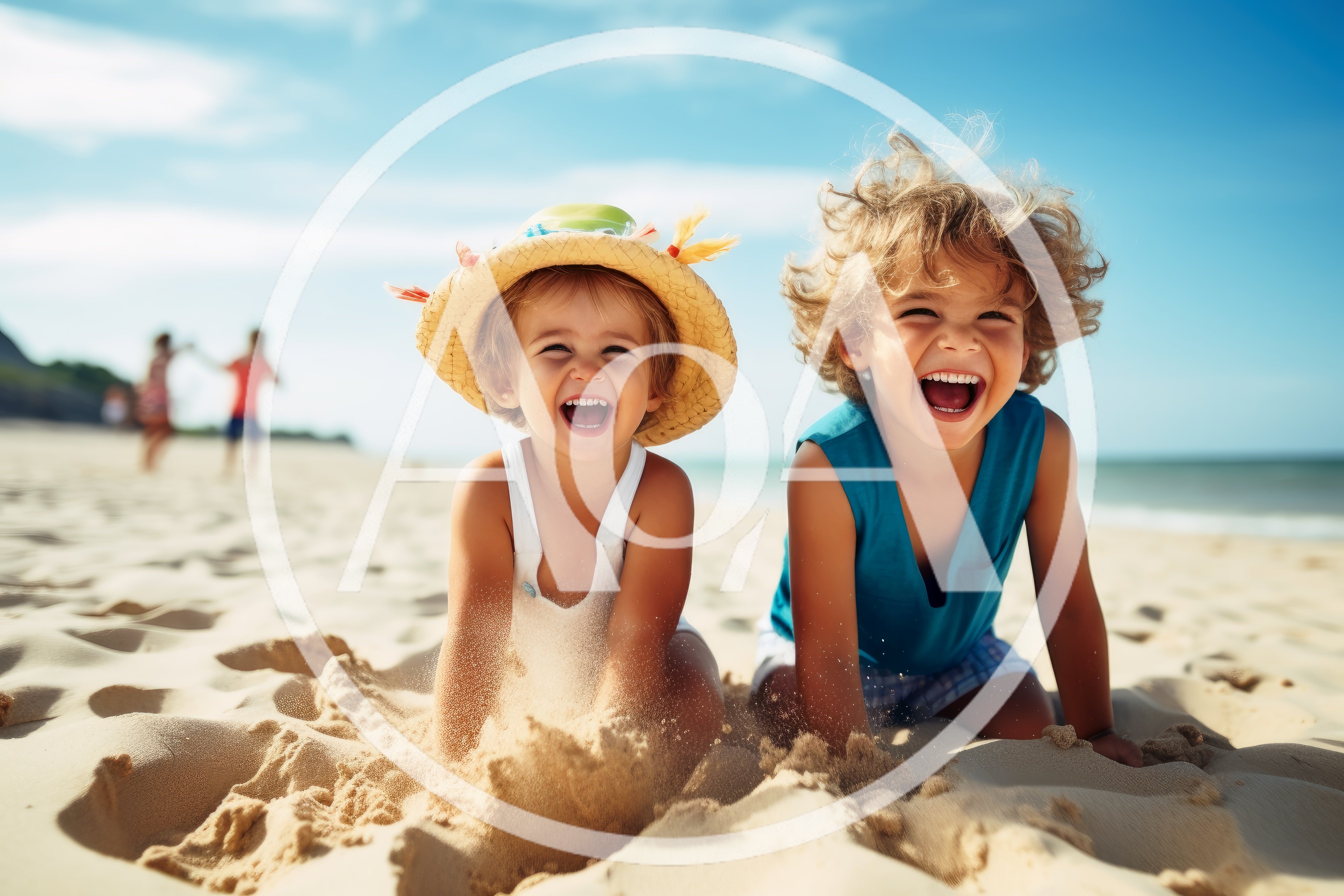 Two Happy Children Playing In The Sand On Beach