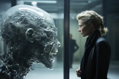 Woman Observing A Translucent Alien Specimen In Laboratory