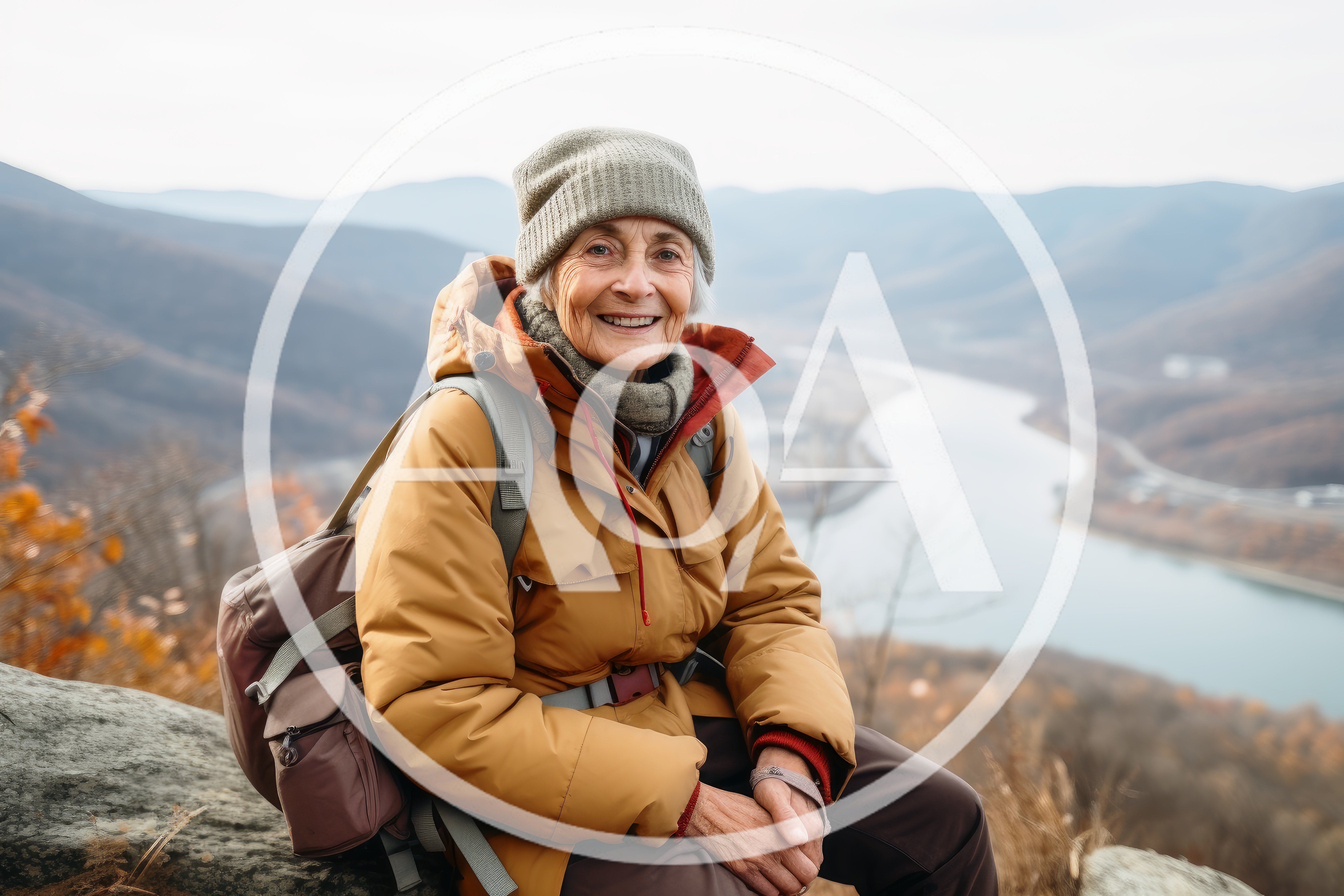 Senior Woman Hiking Resting On A Mountain Overlook