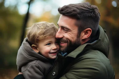 Father Embracing His Young Son Outdoors