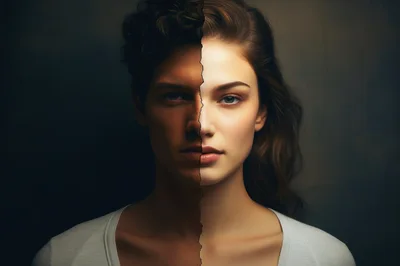 Split Face Portrait Of Man And Woman