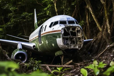Abandoned Airplane Wreckage In A Dense Tropical Jungle