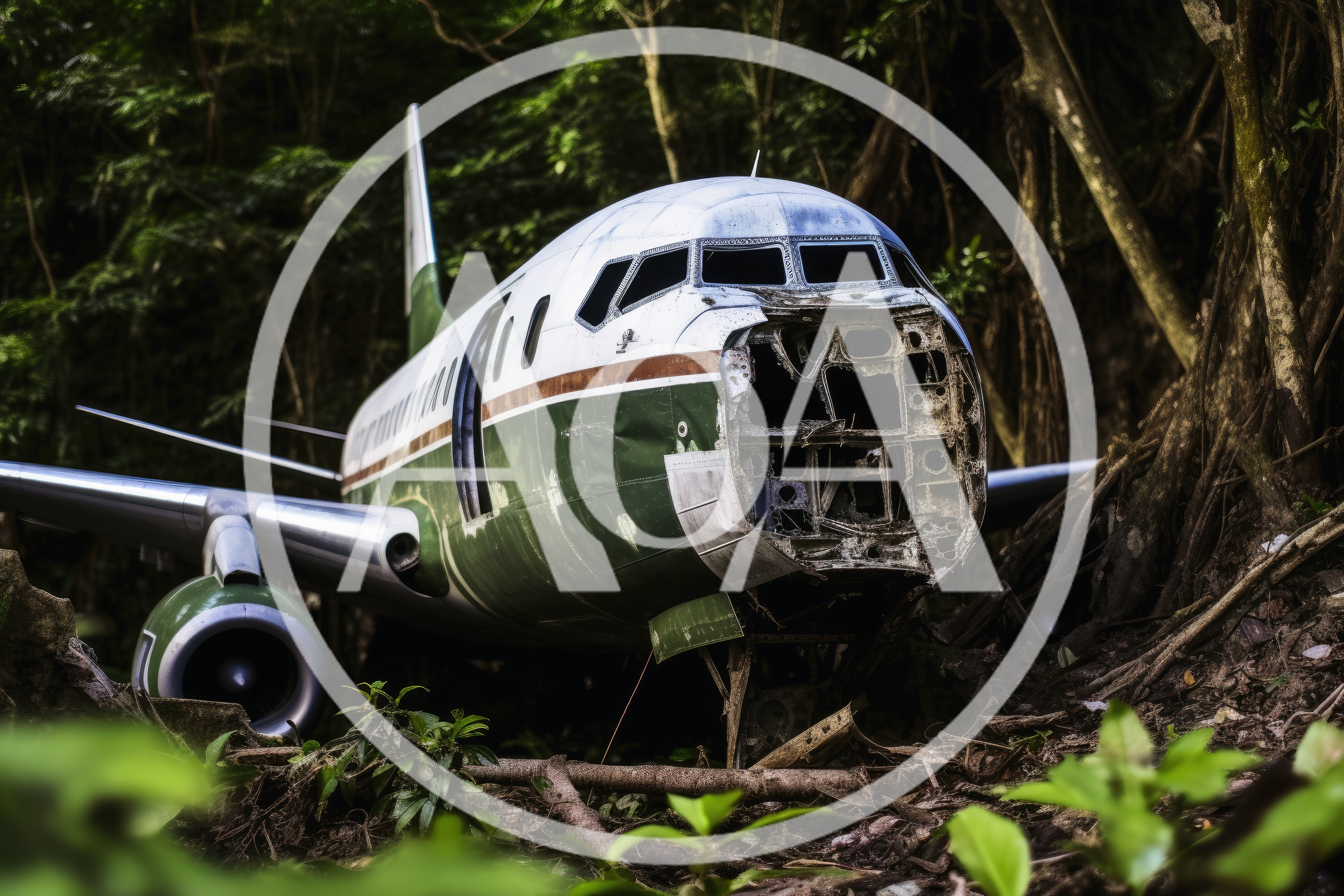 Abandoned Airplane Wreckage In A Dense Tropical Jungle