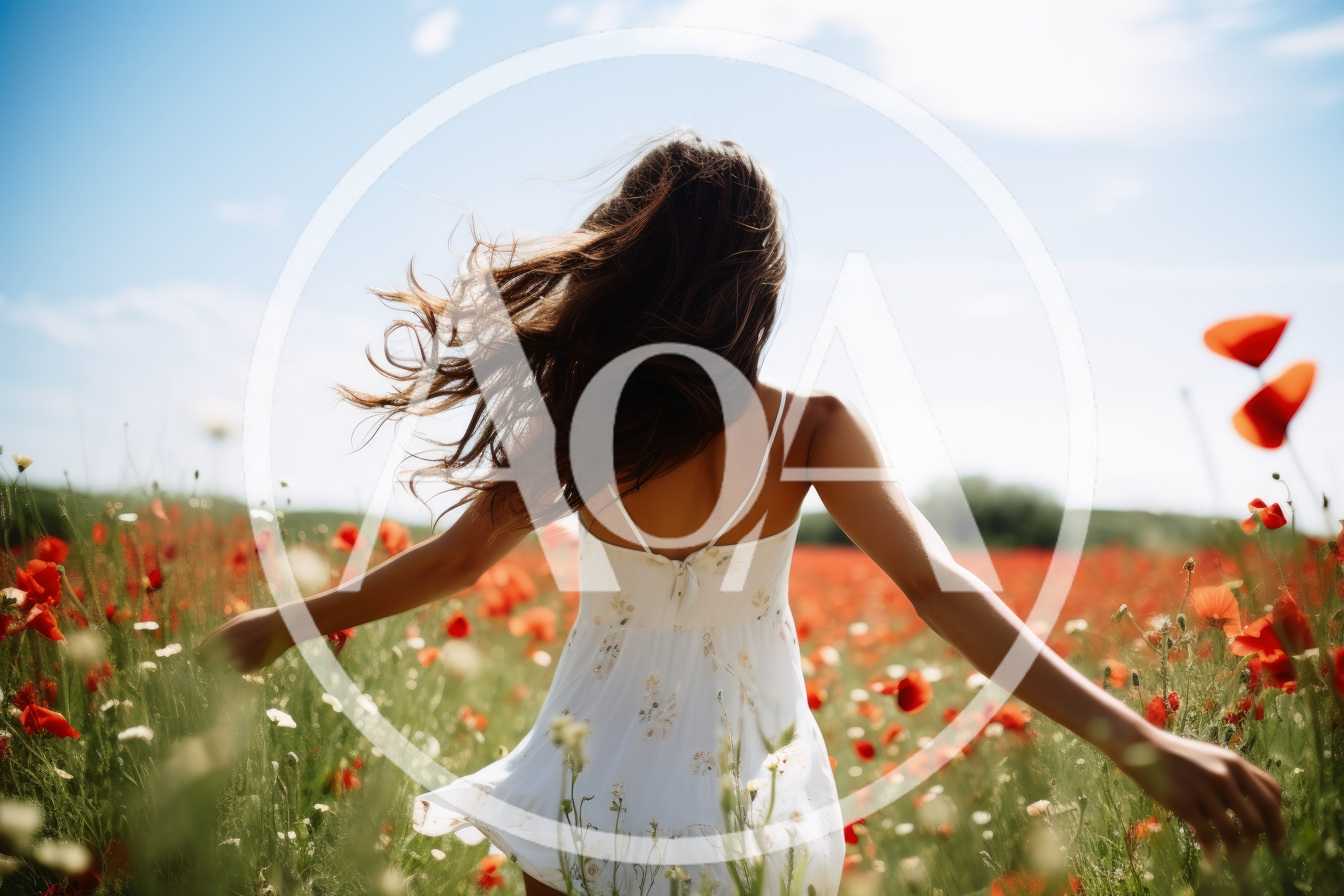 Young Woman Running Through A Vibrant Poppy Field