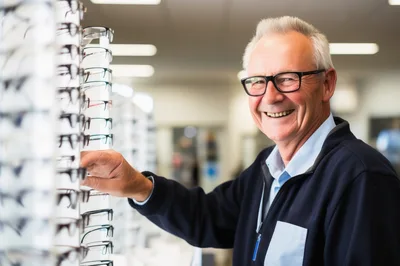 Senior Man Choosing Eyeglasses In An Optical Store