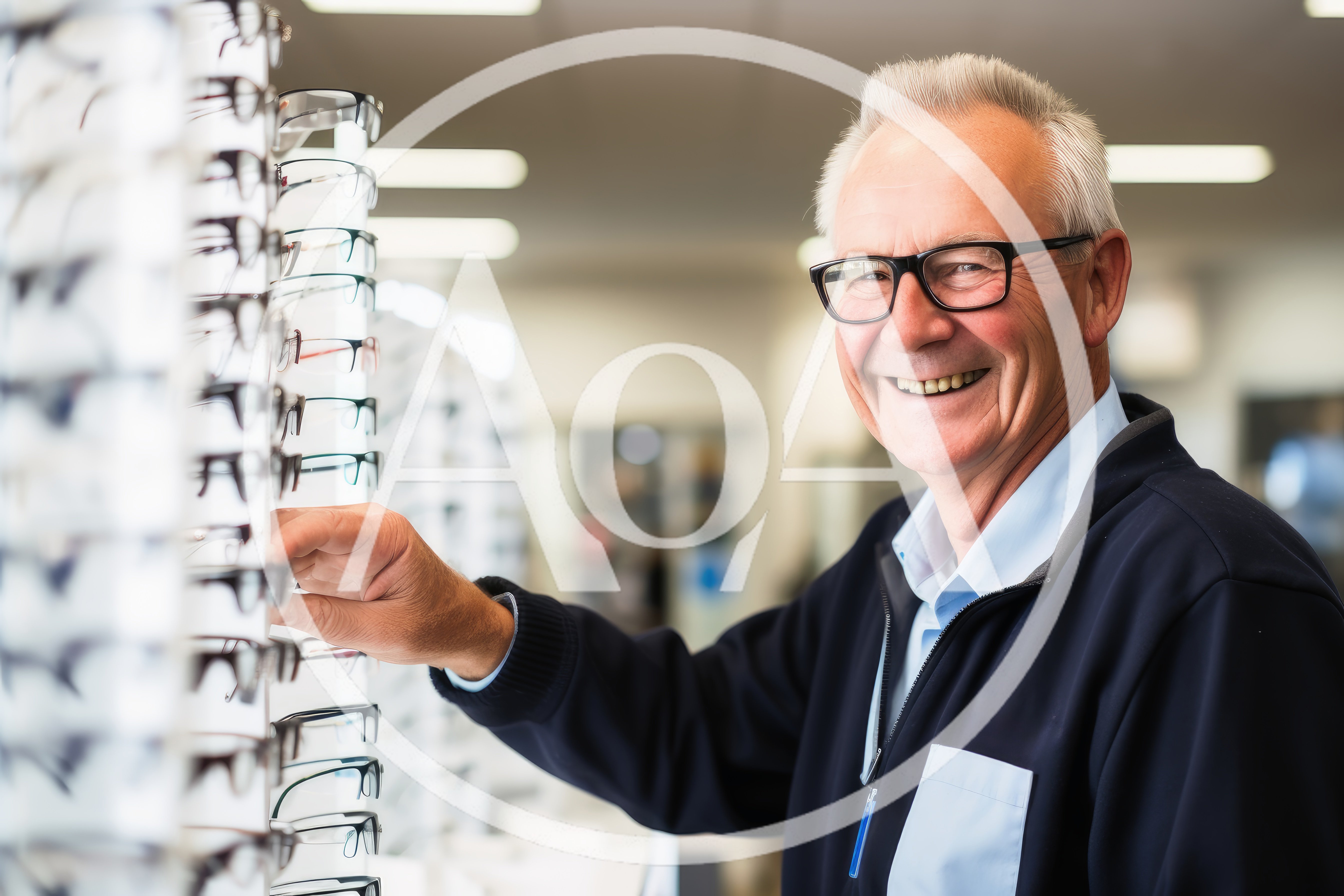 Senior Man Choosing Eyeglasses In An Optical Store