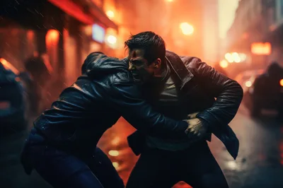 Aggressive Street Fight Between Two Men In Rain