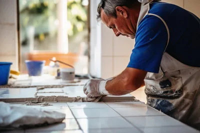 Professional Tiler Installing Ceramic Tiles On Countertop