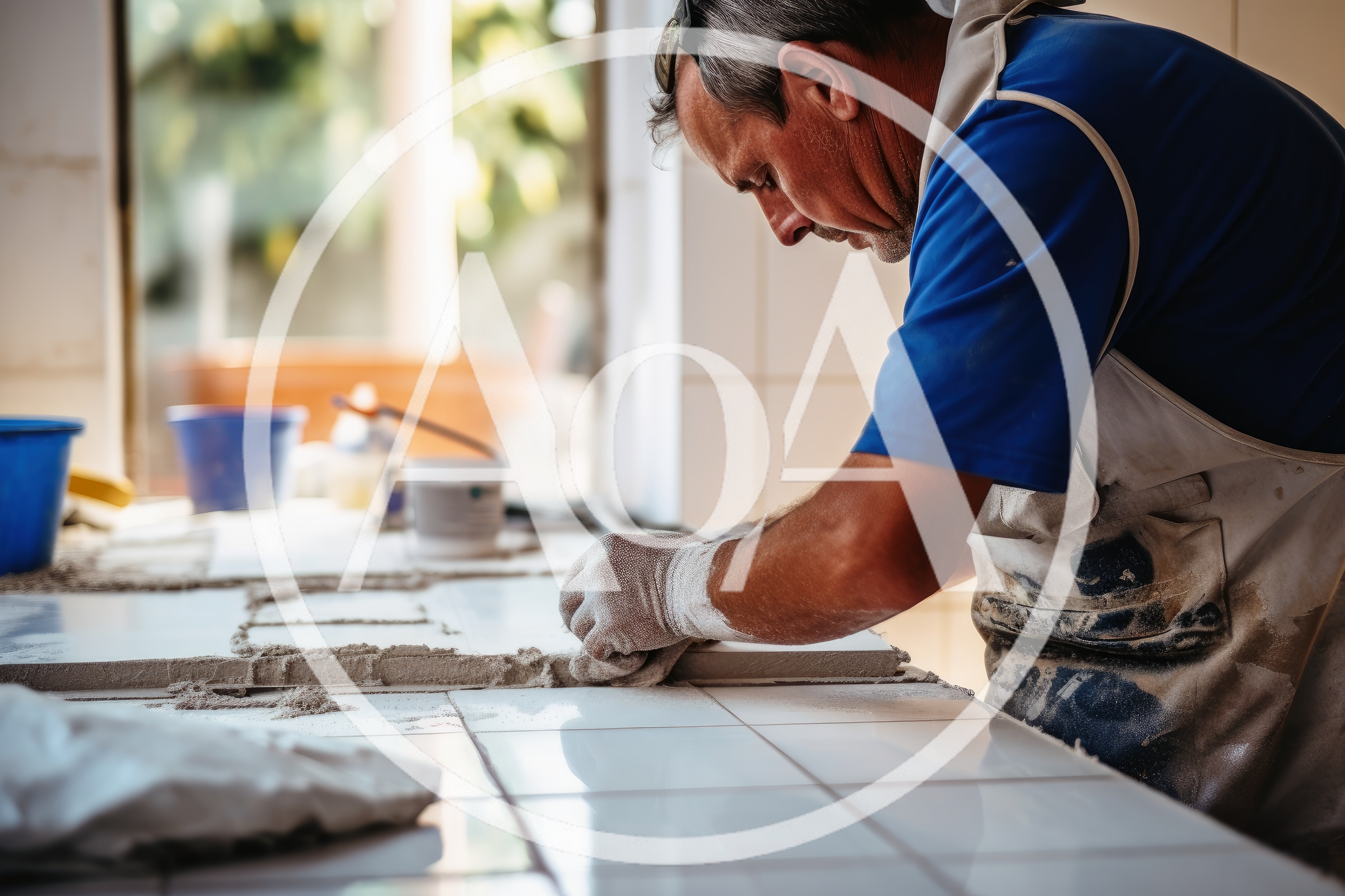 Professional Tiler Installing Ceramic Tiles On Countertop