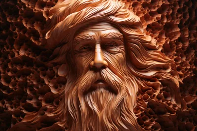 Intricate Wood Carving Of An Elderly Man Face
