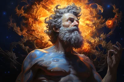 Ethereal Bearded Deity Amidst Cosmic Fire